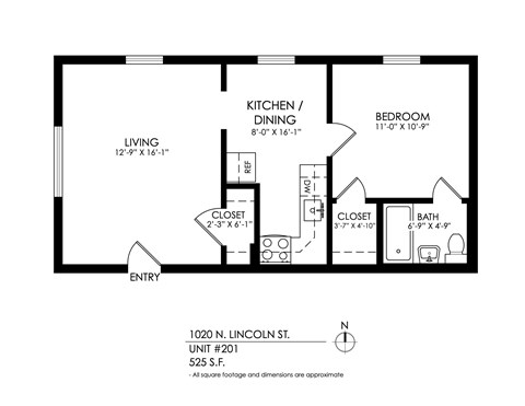 A black and white image of a floor plan for a one bedroom apartment.